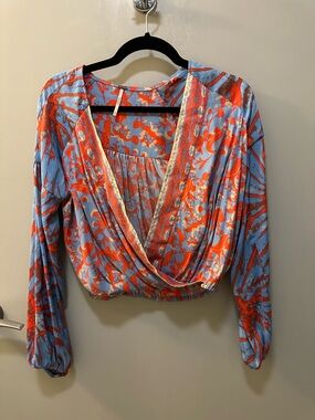 Free People Blue & Orange Floral Crossover Long-Sleeve Top